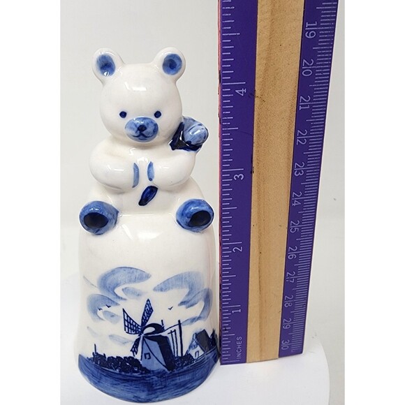 Vintage Delft Blue Teddy Bear Bell Handle 4.5" Blue & White Ceramic Windmill - Picture 9 of 11